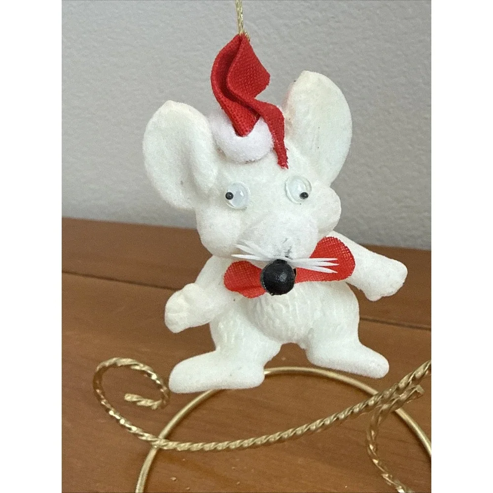 Pair Vintage Flocked White Christmas Mouse Ornaments Kitsch MCM